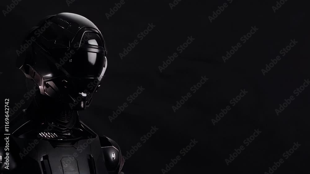 High-tech black robot helmet in darkness, sleek and futuristic design, Ai concept
