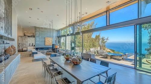 Modern Coastal Home Interior Dining Area Ocean View photo