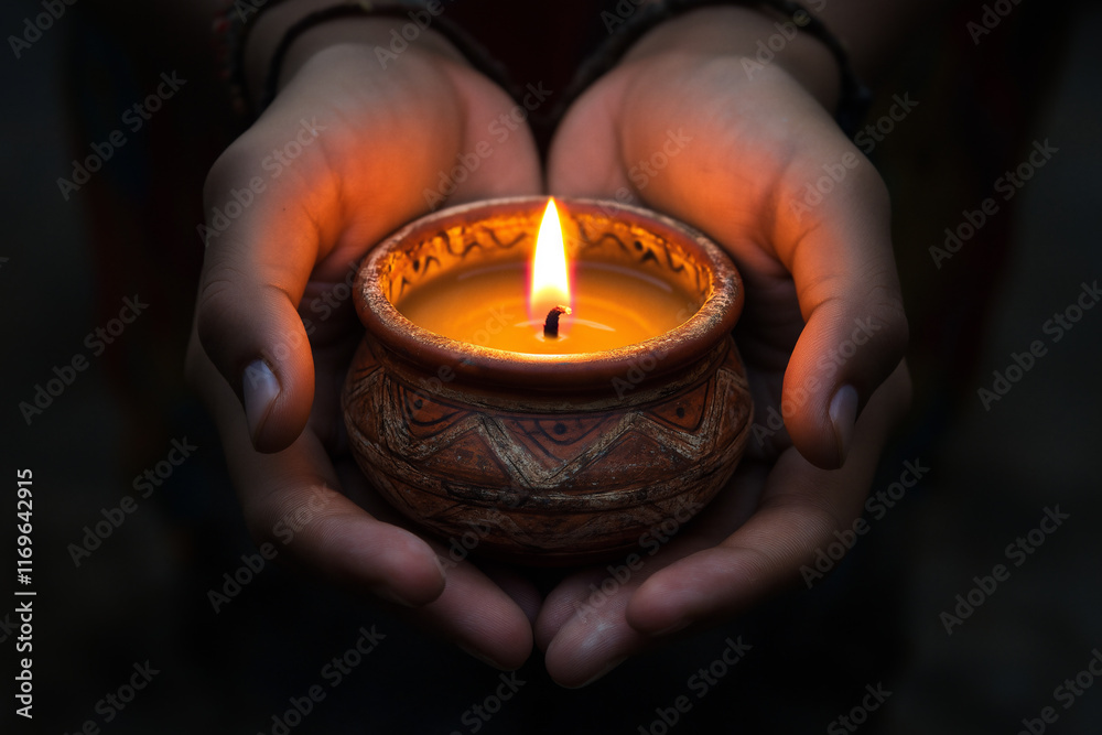 Hands offering a lit clay lamp during a peaceful evening gathering Hands offering a lit clay lamp during a peaceful evening gathering