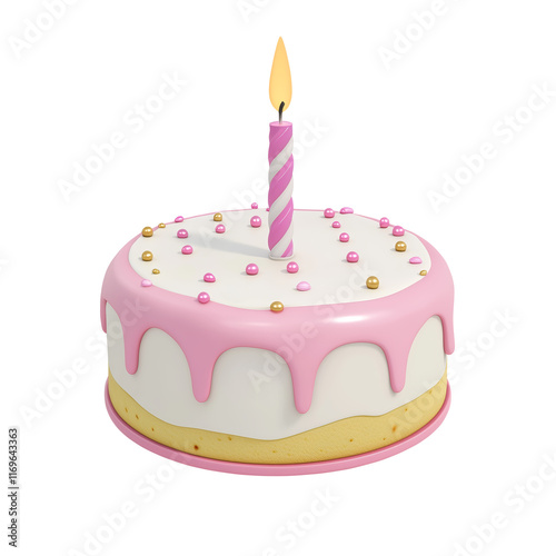 3D cartoon-style birthday cake with pink icing, colorful decorations, and a lit candle, isolated on a transparent background, perfect for celebrations and parties