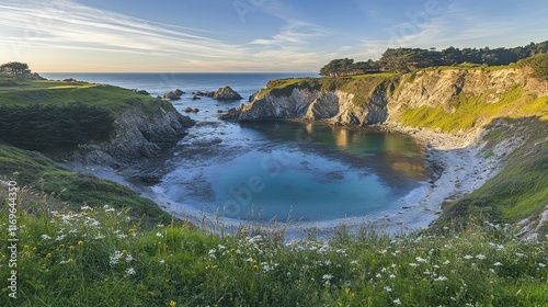 Coastal Cove Scenic View Wildflowers Ocean Rocks