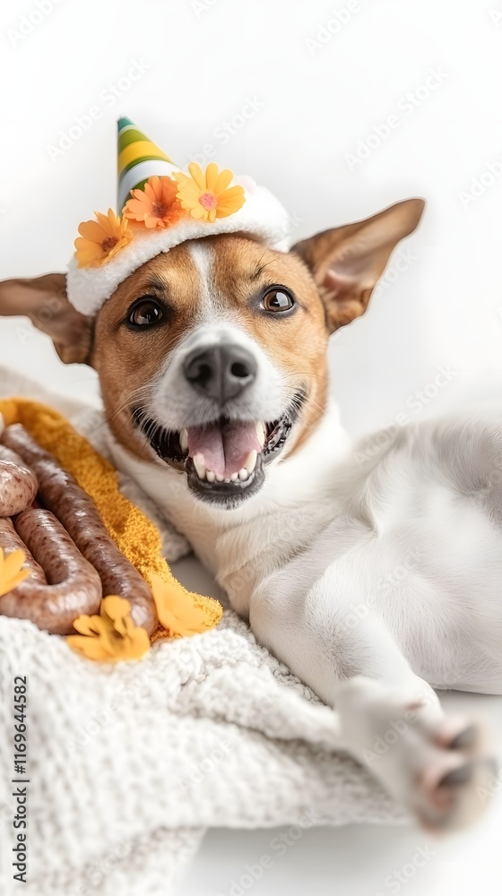 wearing a festive party hat, sitting at a table with a meat-themed birthday cake and sausages, celebrating in a joyful and lighthearted setting wearing a festive party hat, sitting at a table with a meat-themed birthday cake and sausages, celebrating in a joyful and lighthearted setting