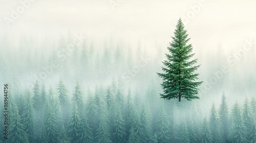   A photo of a lone pine tree amidst a hazy woodland with surrounding pine foliage in the foreground