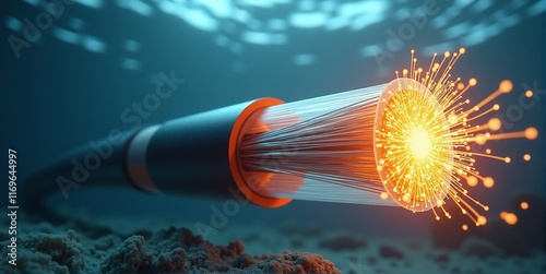 Close-up of an underwater fiber optic cable, connecting continents across oceans, enabling global internet and data transmission photo