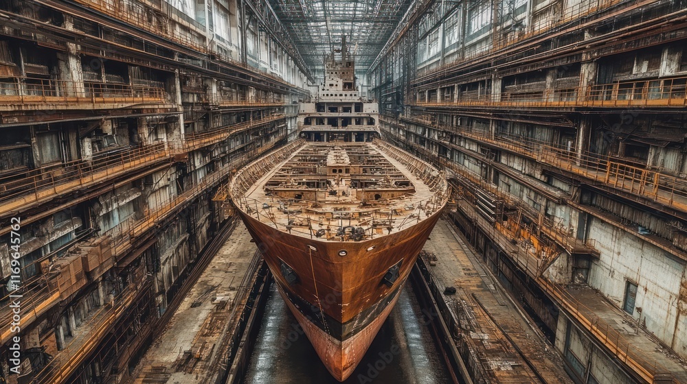 Rusty Ship Docked Inside A Decaying Industrial Building Rusty Ship Docked Inside A Decaying Industrial Building