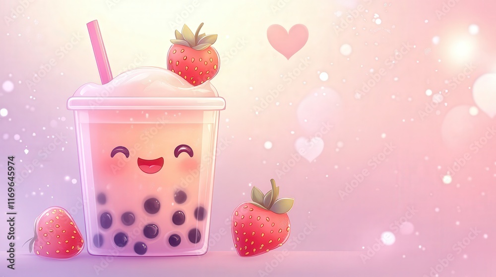 kawaii bubble tea with smiling face and heart-shaped strawberries kawaii bubble tea with smiling face and heart-shaped strawberries