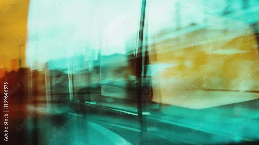 Urban fast motion point of view with long exposure city lights blurred with motion blur, traffic in the city