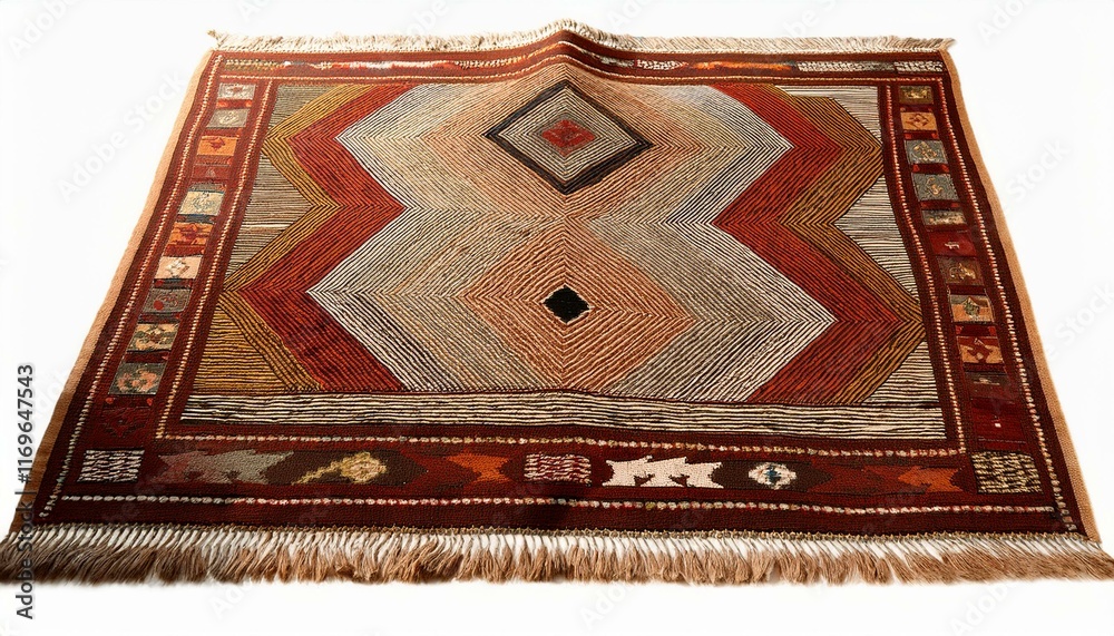 Intricate geometric rug in warm tones. Handwoven, detailed design. Intricate geometric rug in warm tones. Handwoven, detailed design.