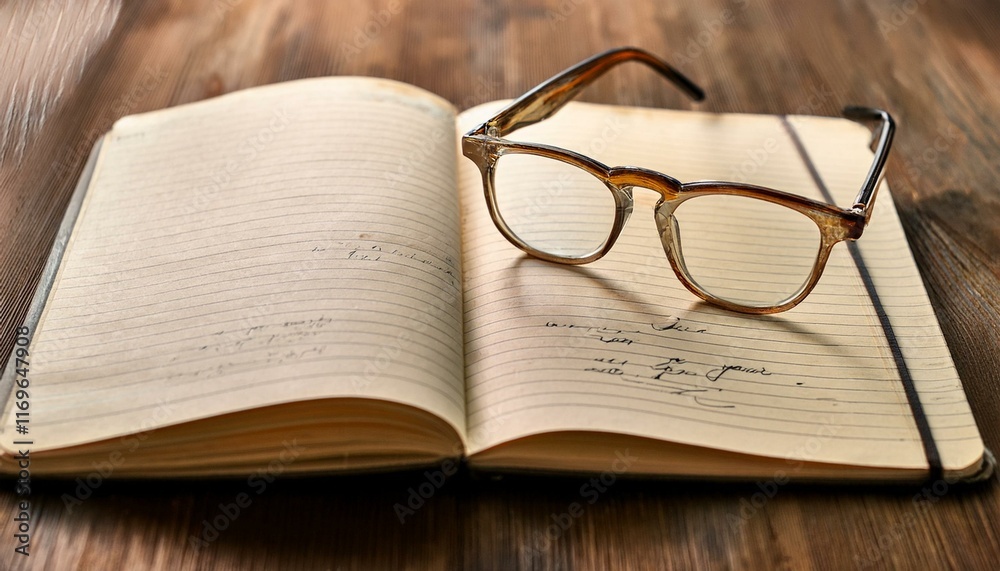 Open notebook with glasses resting on top, on a wooden surface. A quiet moment of reflection. Open notebook with glasses resting on top, on a wooden surface. A quiet moment of reflection.