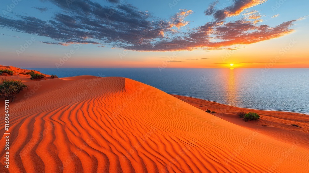 Naklejka premium Sunset over red sand dunes meeting ocean.