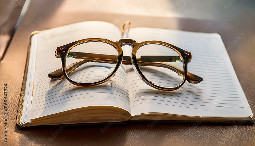 Brown-framed glasses rest on an open notebook, bathed in soft sunlight. Brown-framed glasses rest on an open notebook, bathed in soft sunlight.