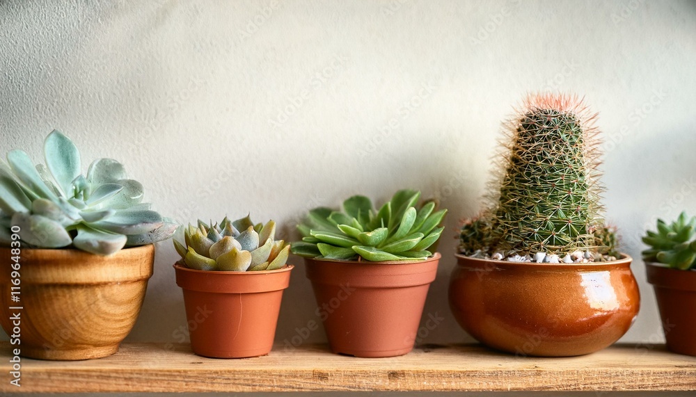 Collection of succulents and cactus in terracotta pots on a wooden shelf. Collection of succulents and cactus in terracotta pots on a wooden shelf.