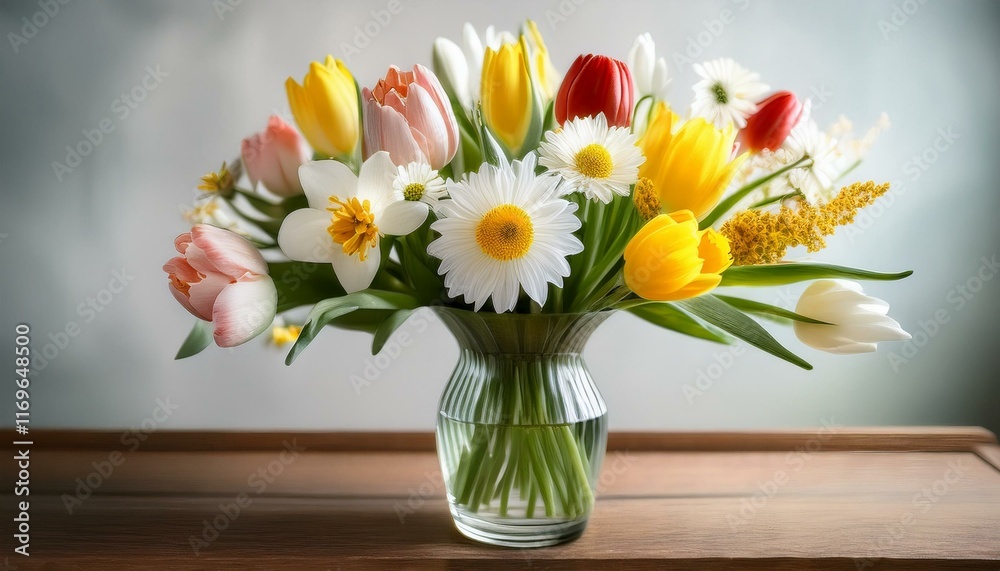 Vibrant spring bouquet in a glass vase. Colorful tulips, daisies, and daffodils create a cheerful arrangement. Vibrant spring bouquet in a glass vase. Colorful tulips, daisies, and daffodils create a cheerful arrangement.