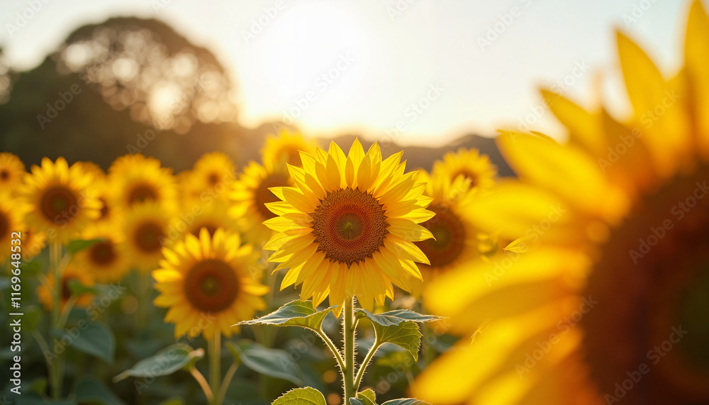 Sunflower field, close-up of sunflowers in bloom facing sunlight, vibrant summer day, low angle
Sunflower field, close-up of sunflowers in bloom facing sunlight, vibrant summer day, low angle