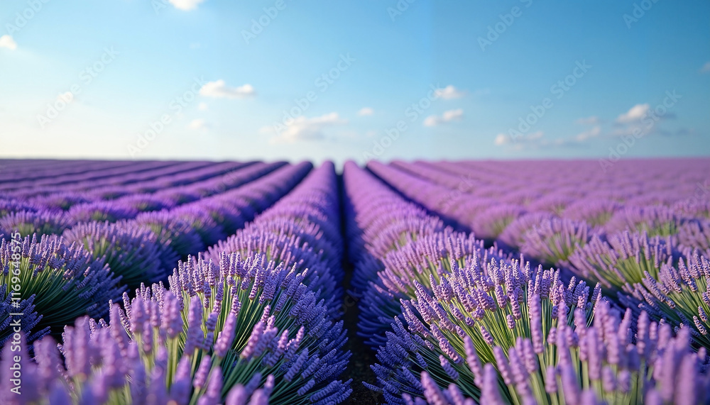 Obraz premium Field of lavender, rows of purple lavender plants under blue sky, midday light, aromatic and colorful 