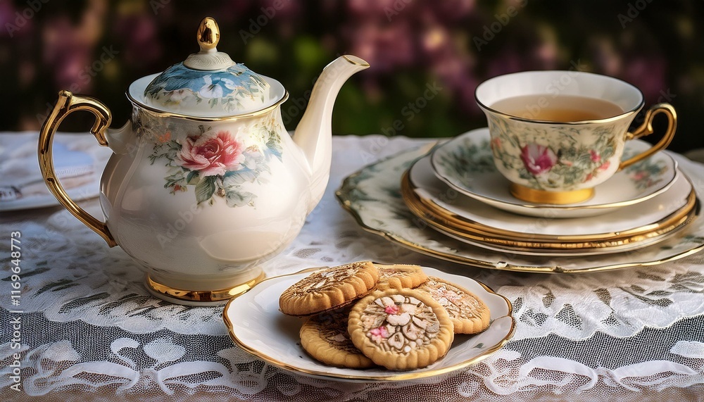 Elegant tea party setting with floral teapot, teacup, and delicate cookies. Elegant tea party setting with floral teapot, teacup, and delicate cookies.