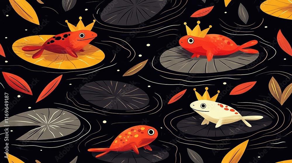 Red and white fish sit atop lily pads in a pond surrounded by lilies Red and white fish sit atop lily pads in a pond surrounded by lilies