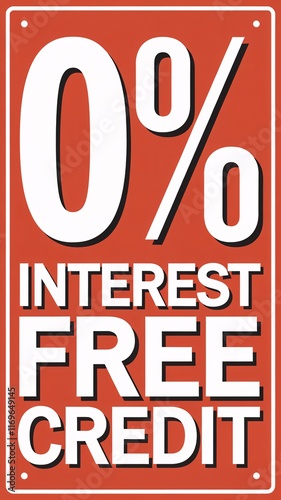 Bold text displays a promotional offer of zero percent interest free credit against a vibrant orange backdrop, aimed at attracting potential customers to special financing options.