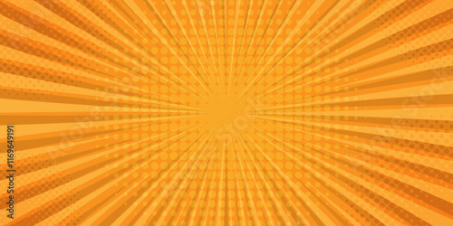 Abstract yellow Comic background. Radial Sun rays Halftone effect texture. Explosion sunburst pattern. Summer Pop art backdrop. Modern Template for banner cover poster