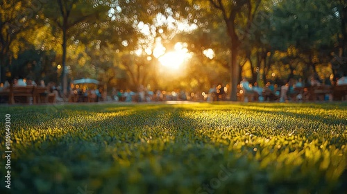 Fototapeta Naklejka Na Ścianę i Meble -  Sunset park scene, blurred people, grass focus.