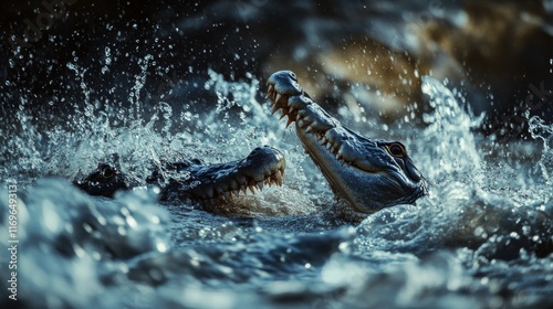 Two crocodiles engage in a dramatic interaction while submerged in turbulent water