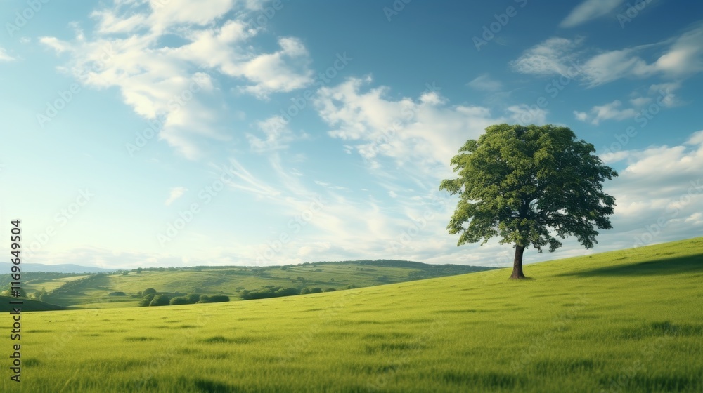 A vast green field stretches across the landscape, showcasing a solitary tree standing tall under a clear blue sky filled with wispy clouds A vast green field stretches across the landscape, showcasing a solitary tree standing tall under a clear blue sky filled with wispy clouds