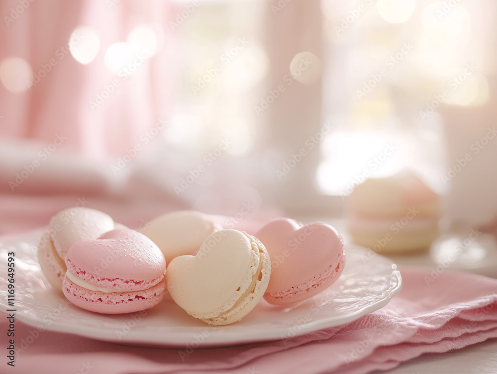 Heart-shaped macarons on a white plate with soft pink background Heart-shaped macarons on a white plate with soft pink background