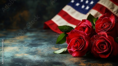 Beautiful red roses are arranged beside a softly draping American flag, symbolizing patriotism, love, and remembrance in a solemn or festive setting
