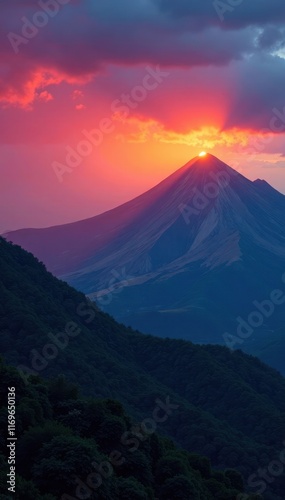 Half of Rarotongan mountain range glows with sunrise, the other in deep cool shade , nature, awe, scenic photo