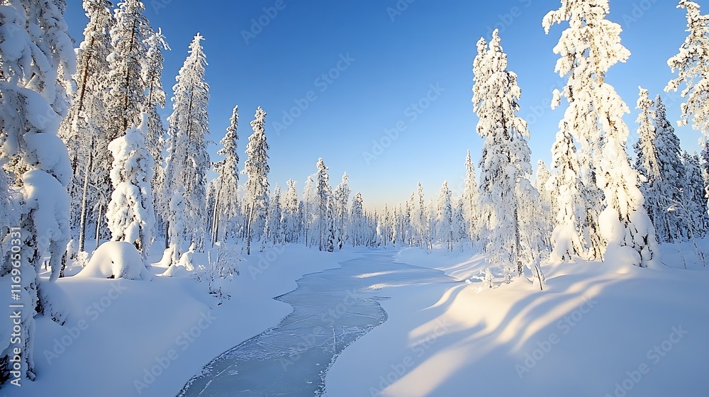 A snowy forest under a clear winter sky, with a frozen river winding through the trees A snowy forest under a clear winter sky, with a frozen river winding through the trees