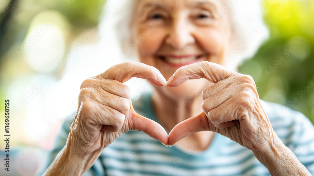 Fototapeta premium With a cheerful smile, a senior woman forms a heart shape using her hands and fingers, sending a message of love and positivity. This heartwarming gesture represents the joy and af