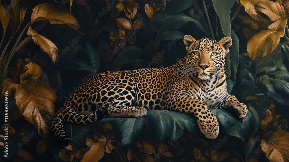 Naklejka premium A leopard is laying on a green leafy surface