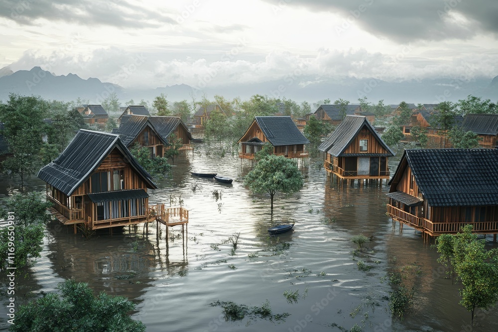 Obraz premium Flooded village; stilt houses submerged; murky water.