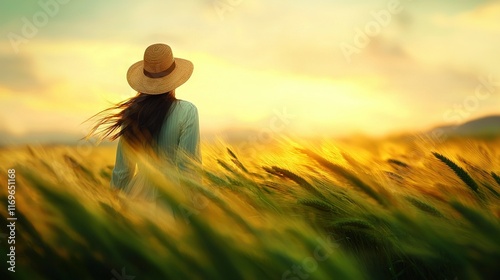   A woman stands in a field with a hat on her head and long hair blowing in the wind as the setting sun casts a warm glow behind her