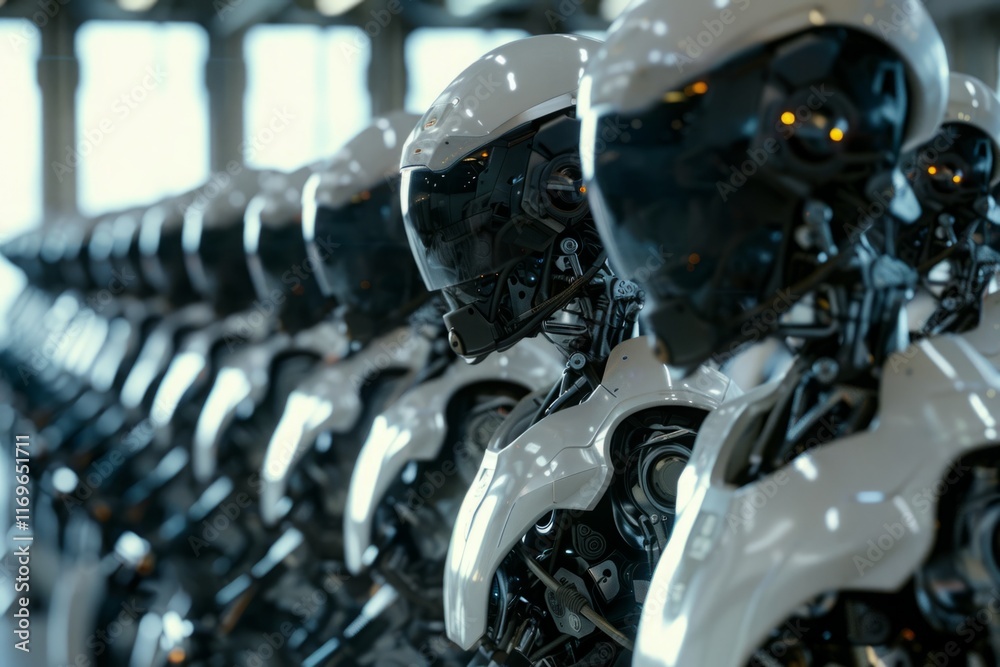 Fototapeta premium A row of robots with helmets on their heads