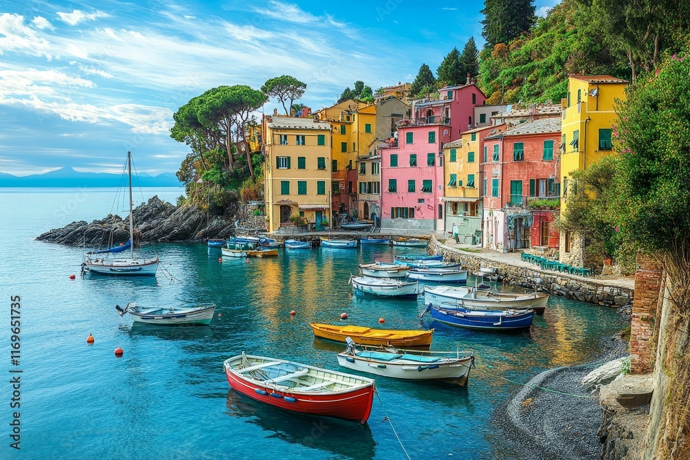 Obraz premium Colorful waterfront houses, boats, calm sea.