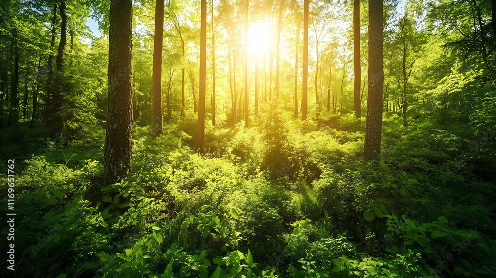Fototapeta premium Serene sunlit forest with lush green undergrowth - peaceful woodland landscape. Sylvan. Illustration