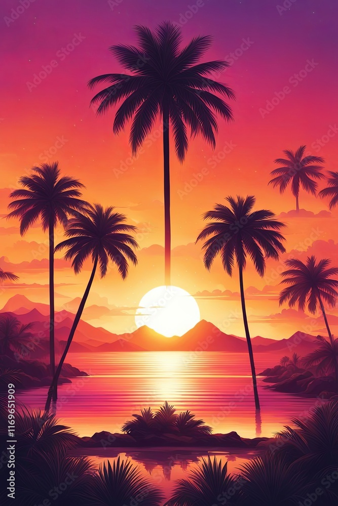 Naklejka premium Captivating sunset over tranquil waters, rich hues blending into a serene sky, palm trees framing picturesque landscape, ideal for lifestyle and travel imagery, inspiring relaxation and exploration.