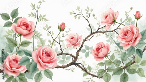Elegant Watercolor Pink Roses Branch Floral Design