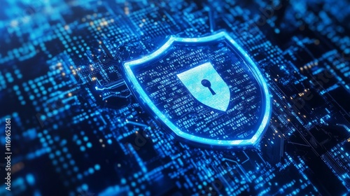 Digital Security Shield in Bright Blue Lighting