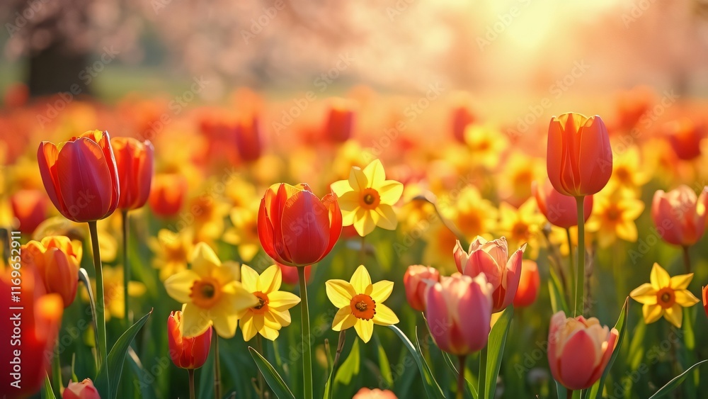 Vibrant Spring Tulips and Daffodils Field at Sunset