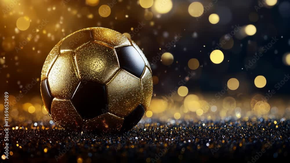 Shiny golden soccer ball against a glittering, festive bokeh background.