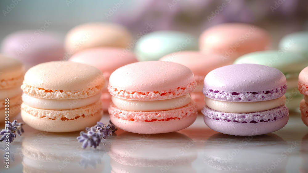 Obraz premium Colorful macarons with lavender on a reflective surface.