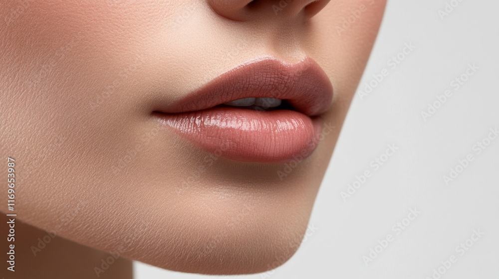 This close-up showcases a woman’s lips adorned with nude lipstick, emphasizing the soft texture and natural color. Ideal for beauty marketing or cosmetic product promotions This close-up showcases a woman’s lips adorned with nude lipstick, emphasizing the soft texture and natural color. Ideal for beauty marketing or cosmetic product promotions