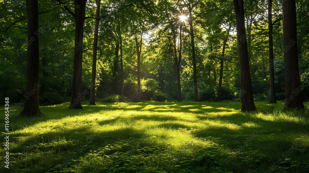 Obraz premium Peaceful forest landscape with lush green grass and trees. Sylvan. Illustration