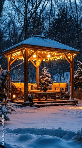 Cozy Winter Gazebo Decorated with Warm Lights and Snowy Landscape