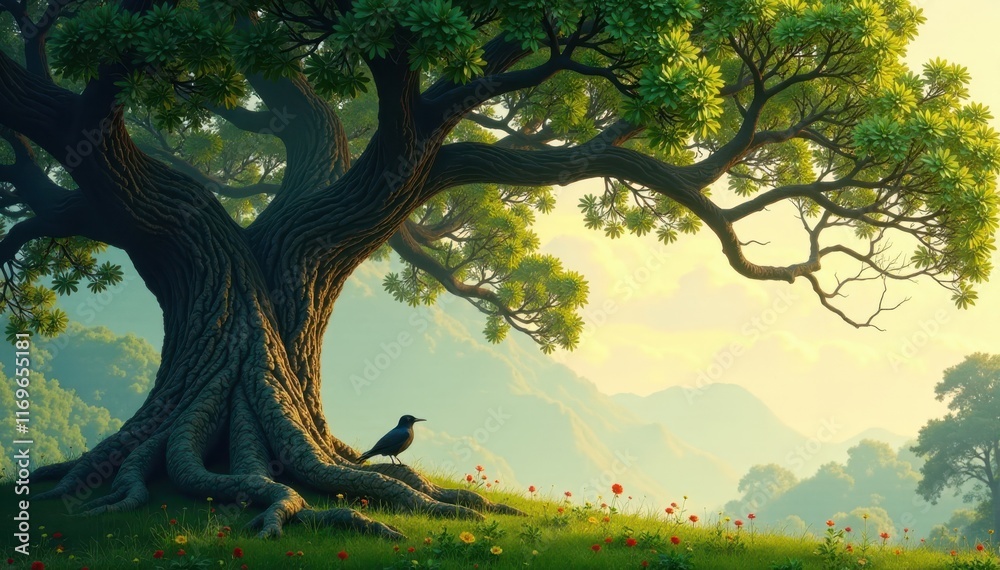 Ancient oak trees, majestic branches, lone bird perched , woods, scenery, landscape Ancient oak trees, majestic branches, lone bird perched , woods, scenery, landscape