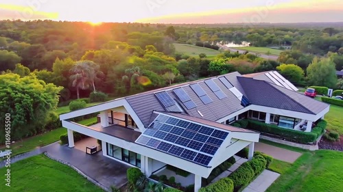 A modern, eco-friendly house equipped with solar panels, nestled amidst lush greenery, and illuminated by the warm glow of the setting sun, showcasing sustainable living in harmony with nature.