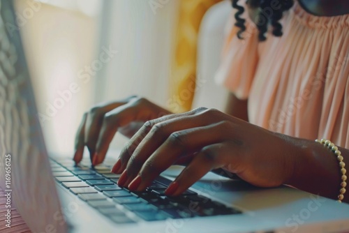 A woman is typing on a laptop with her hand on the keyboard