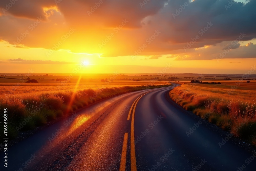 Golden sunrise illuminates a winding asphalt road through fields , peaceful, country road, landscape Golden sunrise illuminates a winding asphalt road through fields , peaceful, country road, landscape